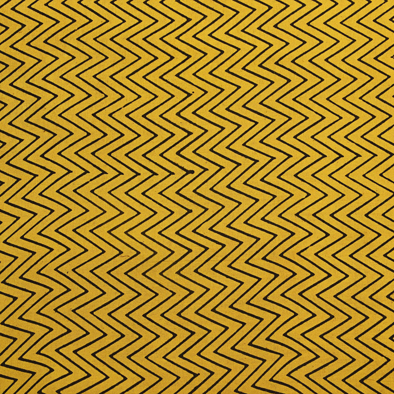 Medallion Yellow With Black ZigZag HandBlock Cotton Fabric