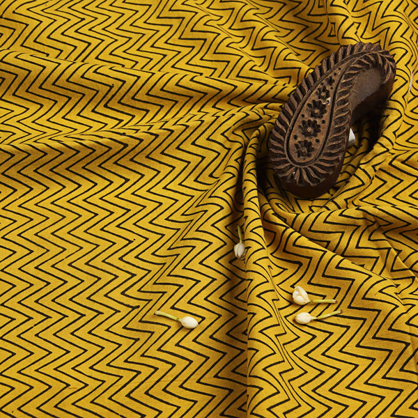 Medallion Yellow With Black ZigZag HandBlock Cotton Fabric