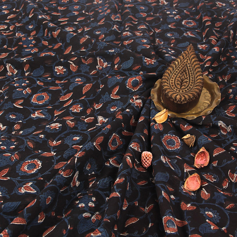 Indigo Floral Jaal Jahota Hand Block Printed Cotton Fabric