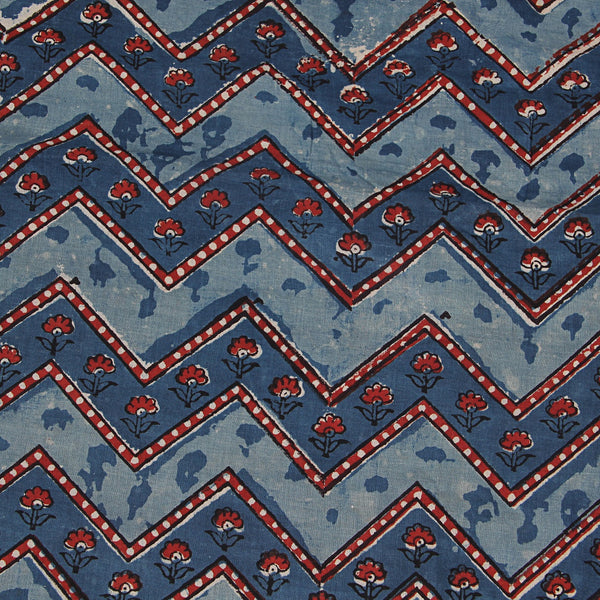 Blue Zigzag Print Jahota Hand Block Printed Mul Cotton Fabric