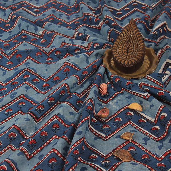 Blue Zigzag Print Jahota Hand Block Printed Mul Cotton Fabric
