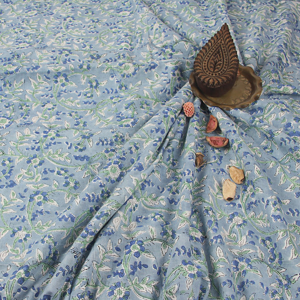 Blue Floral Jaal Sanganeri Hand Block Printed Cotton Fabric
