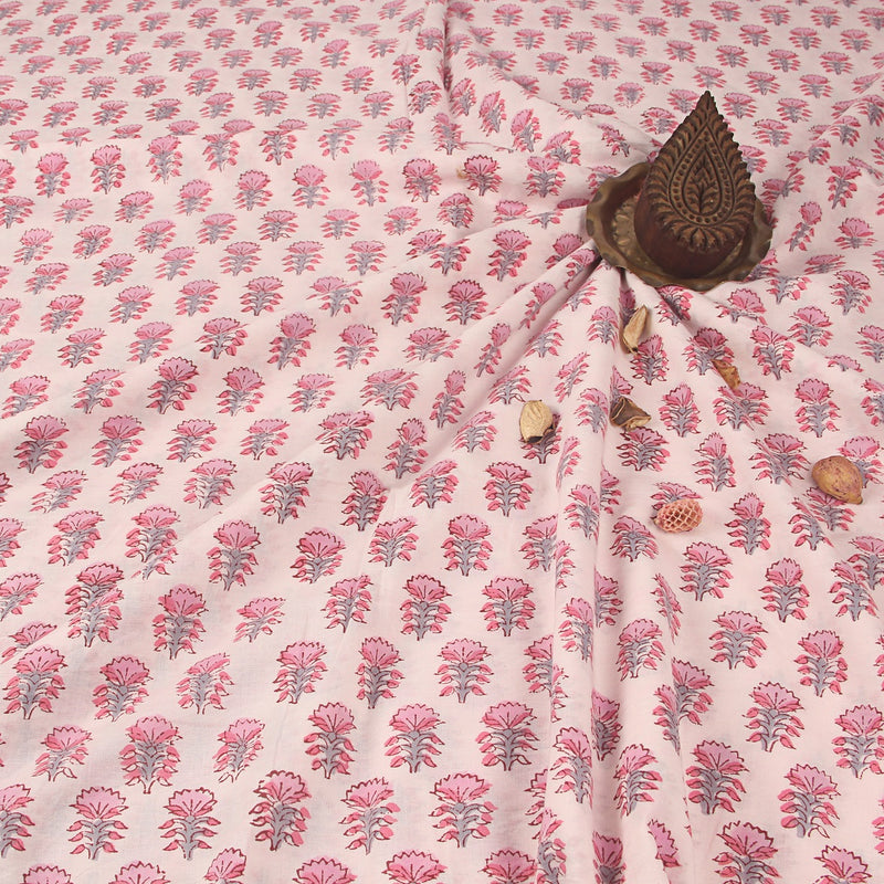 Pink Jasmine Small Butti Sanganeri Hand Block Printed Cotton Fabric