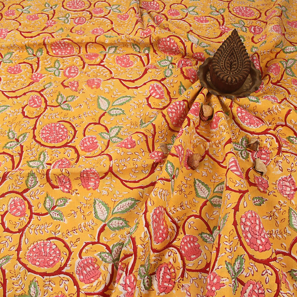 Pink Marigold Floral Jaal Sanganeri Hand Block Printed Cotton Fabric
