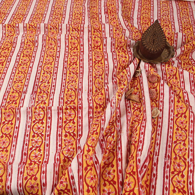 Yellow Floral Border Sanganeri Hand Block Printed Cotton Fabric