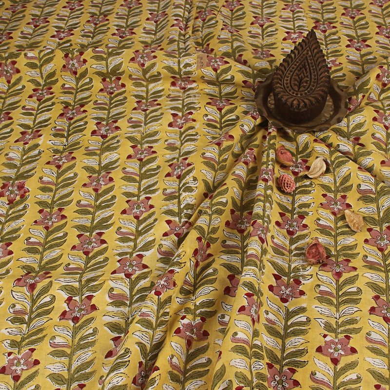 Yellow - Green Leafy Border Sanganeri Hand Block Printed Cotton Fabric