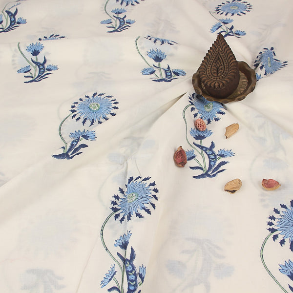 Blue Aster Flower Sanganeri Hand Block Printed Cotton Fabric