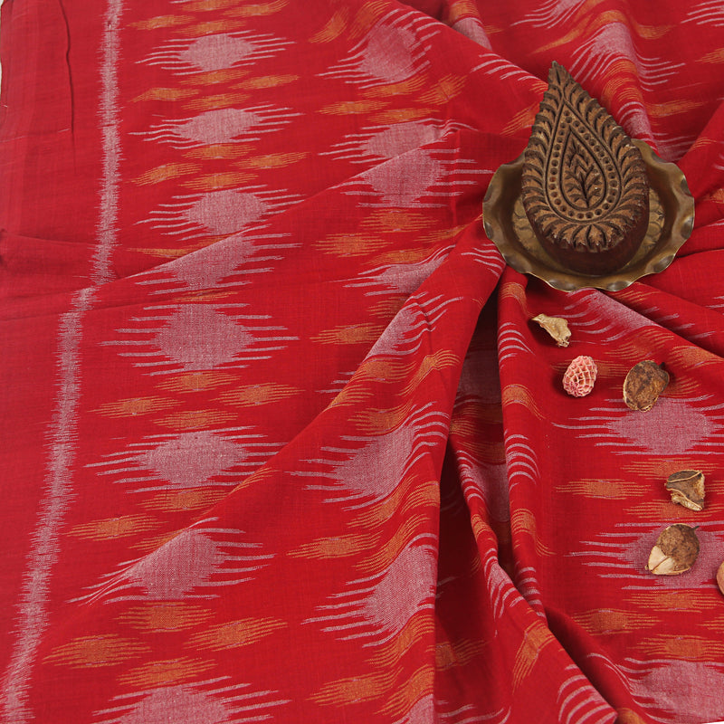 Red Pattern Ikkat Handwoven Cotton Fabric
