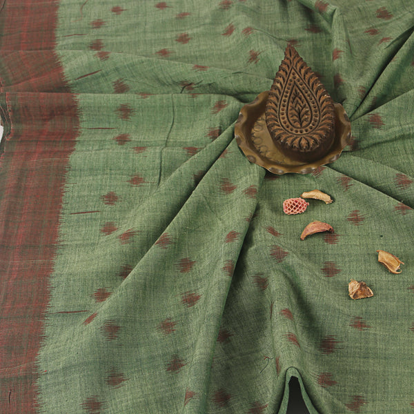 Green - Brown Ikkat Handwoven Cotton Fabric