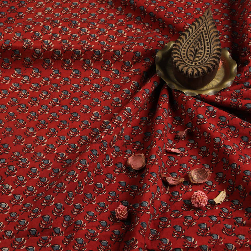 Natural Dyed Red Small Butti Ajrakh Cotton Fabric