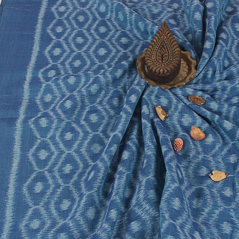 Indigo Diamond Jaal Pattern Ikkat Handwoven Cotton Fabric