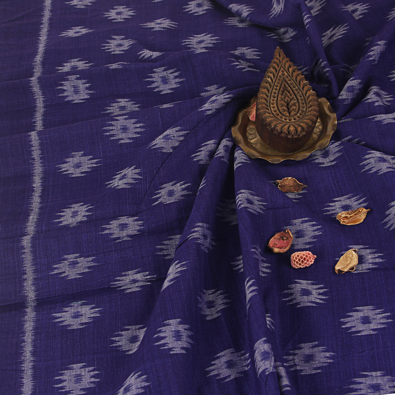Ikkat Indigo Abstract Pattern Handwoven Cotton Fabric