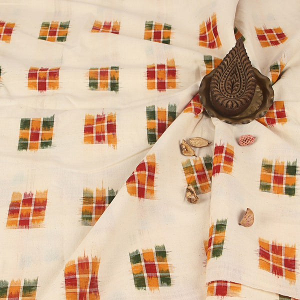 White & Multicolor Checks Double Ikkat Handwoven Cotton Fabric
