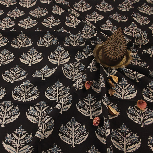 Black & Indigo Jasmine Butta Ajrakh Hand Block Printed Cotton Fabric