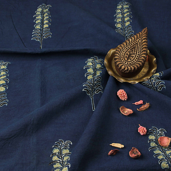 Natural Dyed Floral Print Ajrakh Cotton Fabric
