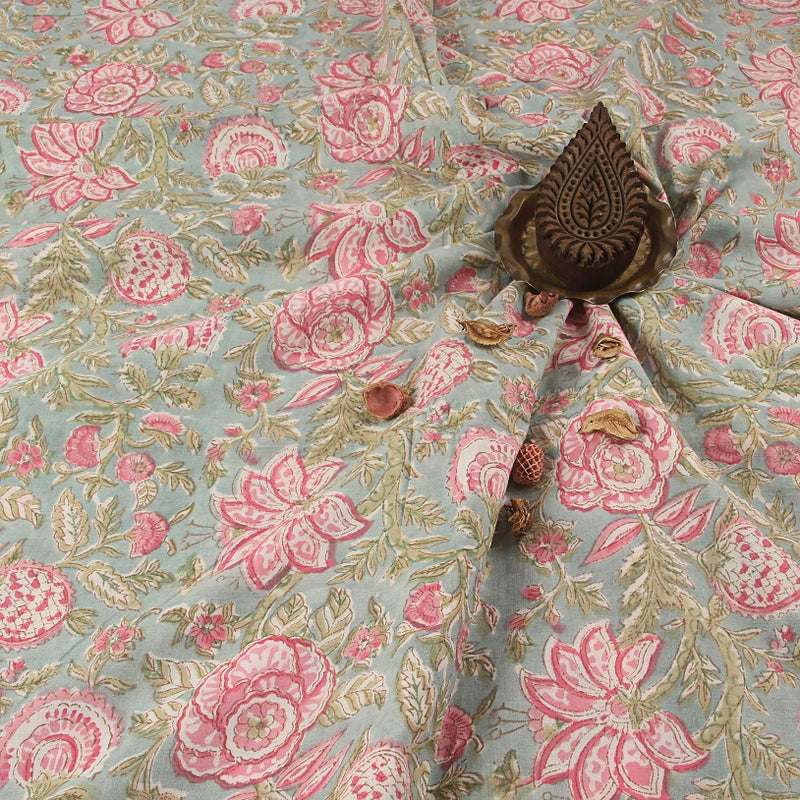 Blue & Pink Floral Jaal Sanganeri Hand Block Printed Cotton Fabric