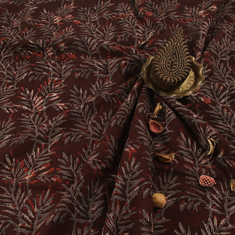 Brown Grey Leaf Jaal Jahota Hand Block Printed Cotton Fabric