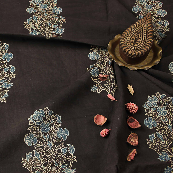 Natural Dyed Floral Print Ajrakh Cotton Fabric