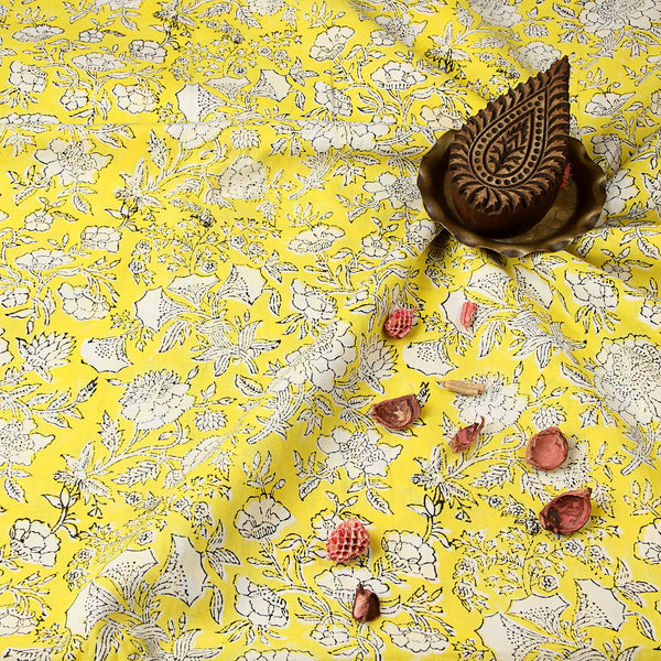 Lemon Coloured Sanganeri Hand Block Print Fabric