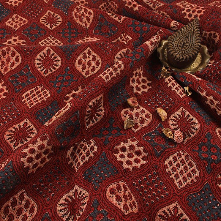 Madder - Indigo Ajrakh Hand Block Printed Linen Fabric