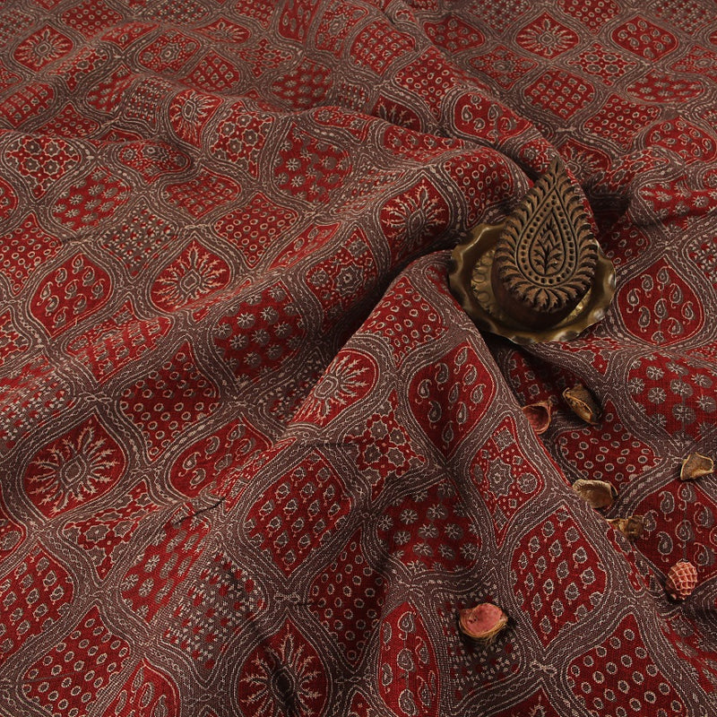 Red Ajrakh Hand Block Printed Linen Fabric