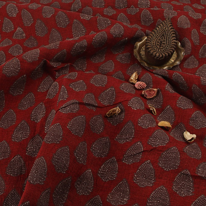 Red Small Butti Ajrakh Hand Block Printed Linen Fabric