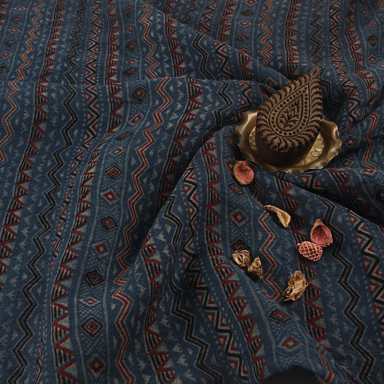 Indigo - Madder Zigzag Ajrakh Hand Block Printed Linen Fabric