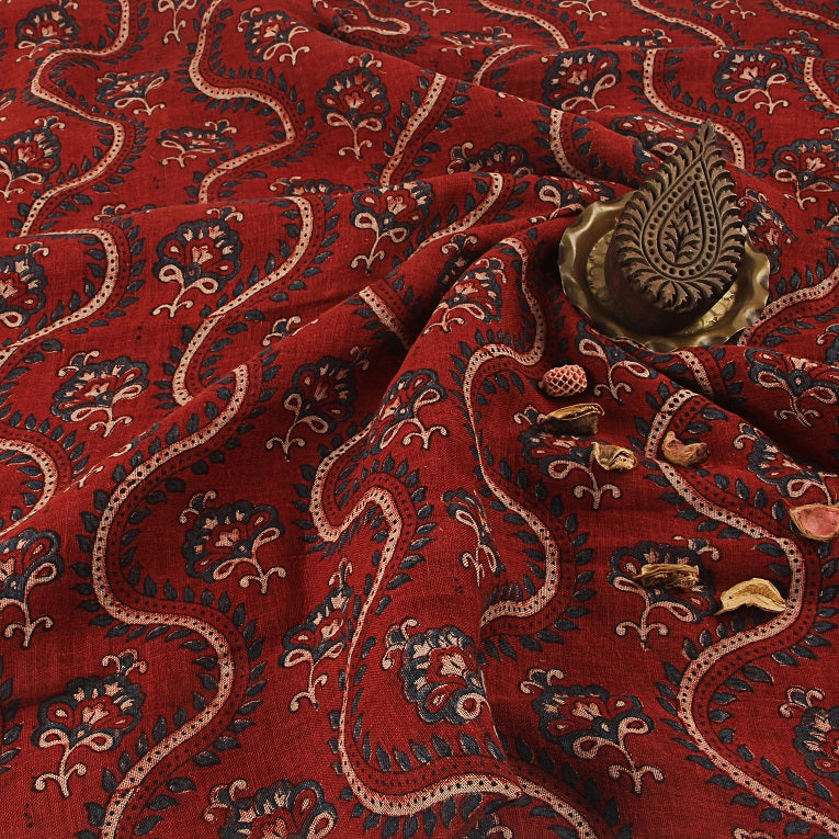 Red & Indigo Vale Ajrakh Hand Block Printed Linen Fabric