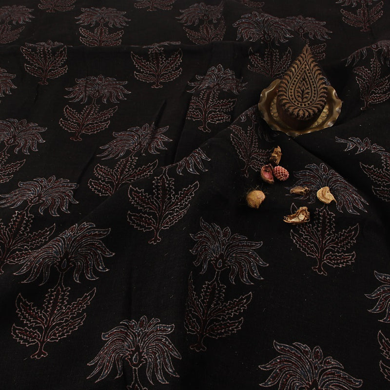 Black & Red Butta Ajrakh Hand Block Printed Linen Fabric