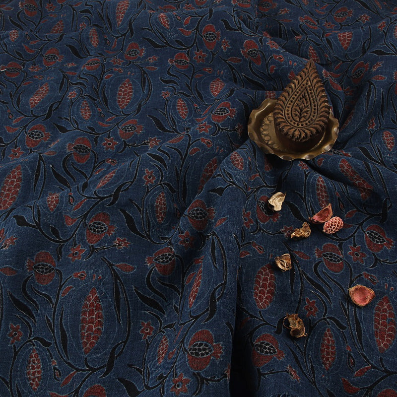 Indigo & Red Anaar Butta Ajrakh Hand Block Printed Linen Fabric