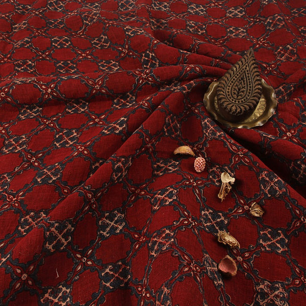 Madder - Indigo Abstract Jaal Ajrakh Hand Block Printed Linen Fabric