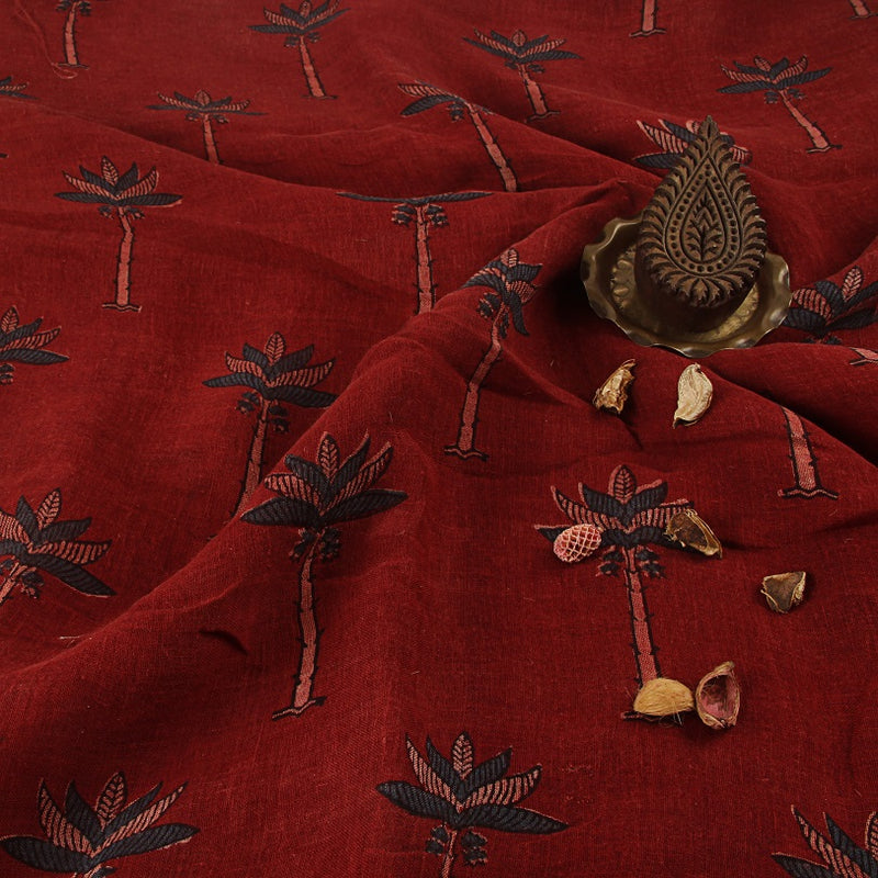 Red Palm Tree Ajrakh Hand Block Printed Linen Fabric