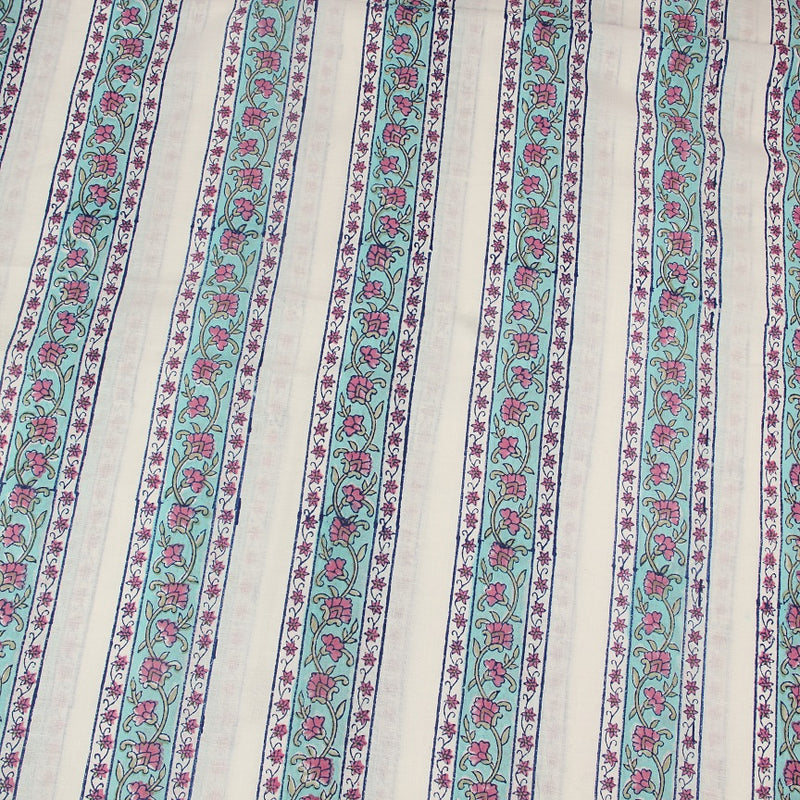 White - Purple Floral Border Sanganeri Hand Block Printed Cotton Fabric