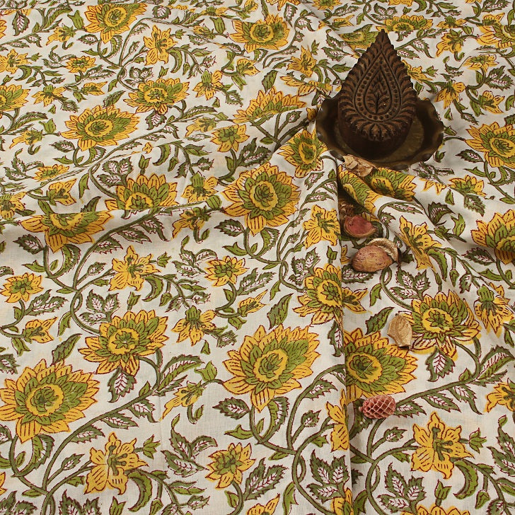 White Yellow Aster Phool Butti Sanganeri Handblock Print Cotton Fabric