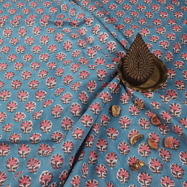 Pink Floral Butti Sanganeri Hand Block Printed Cotton Fabric