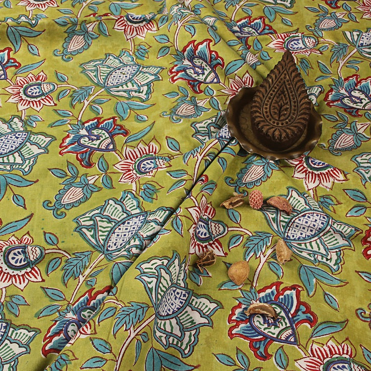 Yellow Tropical Floral Jaal Sanganeri Hand Block Printed Cotton Fabric