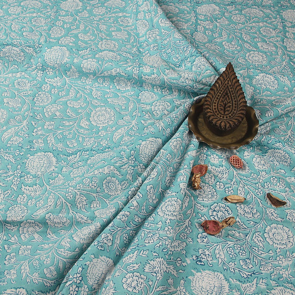 Blue - White Marigold Floral Sanganeri Hand Block Printed Cotton Fabric