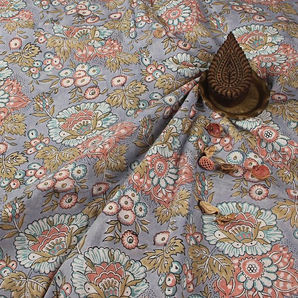 Light Grey Floral Jaal Sanganeri Hand Block Printed Cotton Fabric