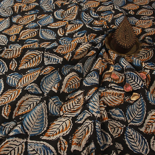 Black Leafy Kalamkari Hand Block Printed Cotton Fabric