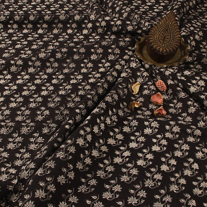 Grey Floral Jahota Hand Block Printed Cotton Fabric