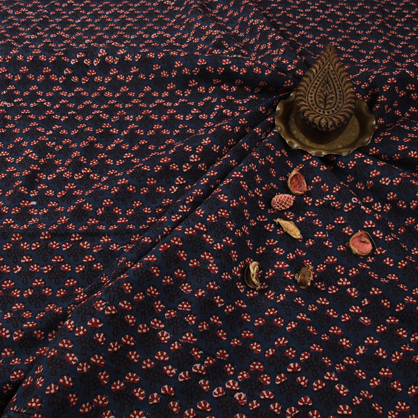 Indigo & Red Floral Bunch Fadat Hand Block Printed Cotton Fabric