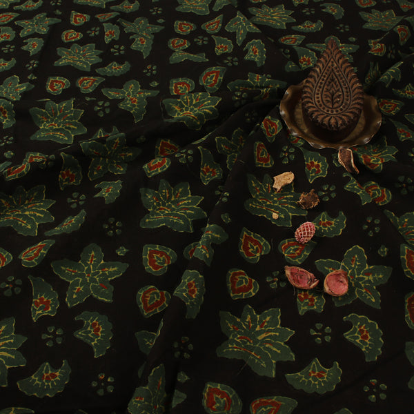 Black & Green Star Floral Ajrakh Hand Block Printed Cotton Fabric