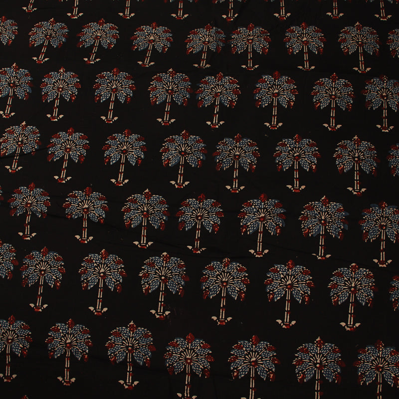 Black & Indigo Palm Tree Ajrakh Hand Block Printed Cotton Fabric
