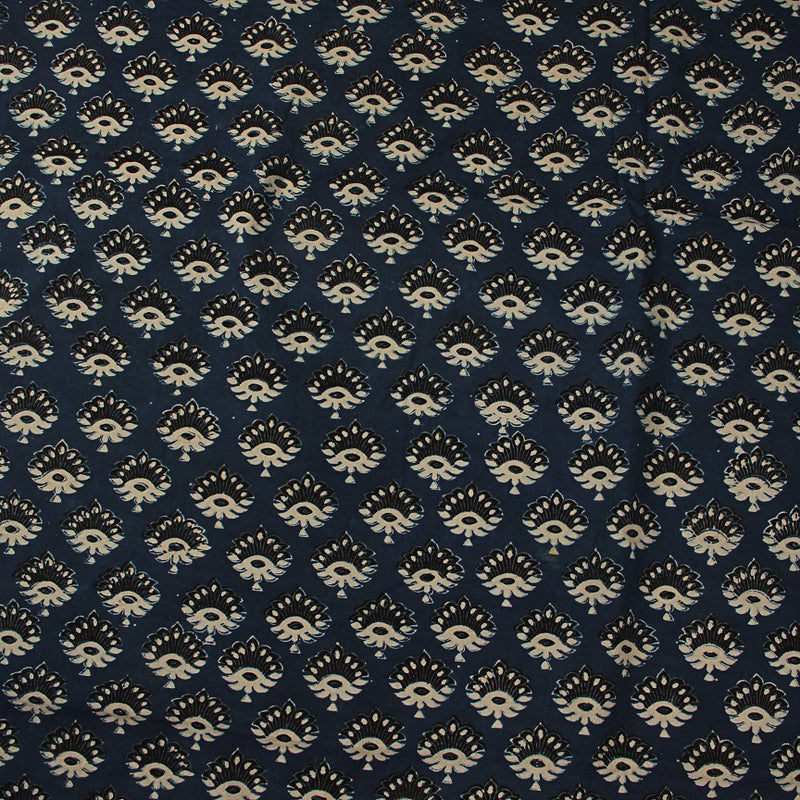 Indigo & Black Taaj Butti Ajrakh Hand Block Printed Cotton Fabric
