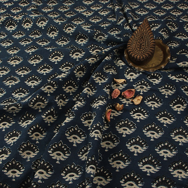 Indigo & Black Taaj Butti Ajrakh Hand Block Printed Cotton Fabric