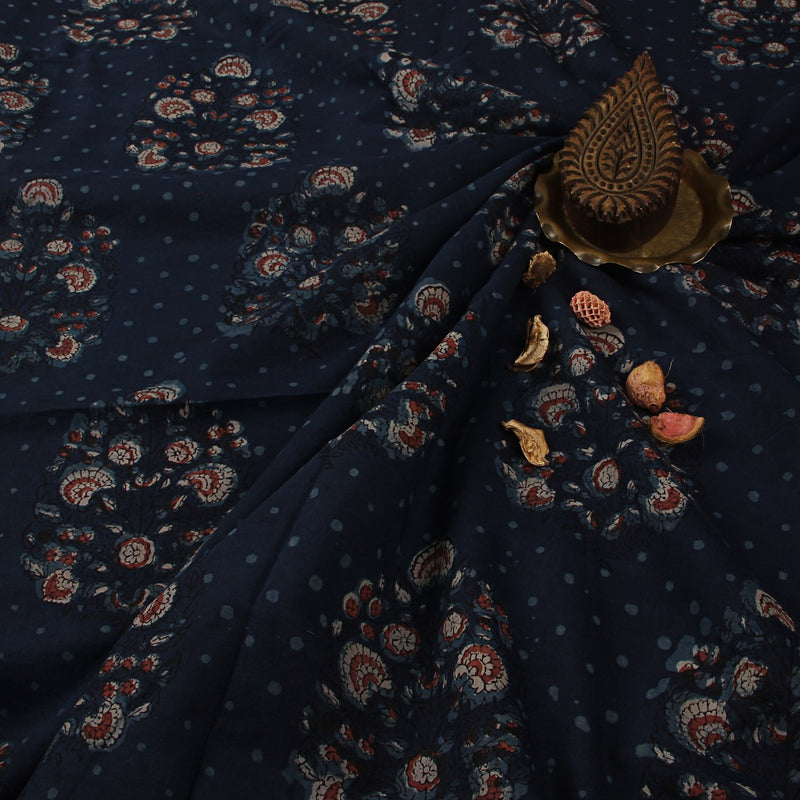 Indigo Floral Bunch Dabu Hand Block Printed Cotton Fabric