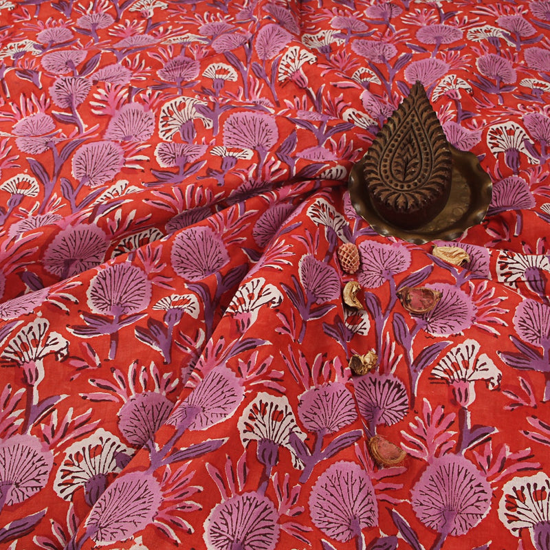 Red Dandelion Sanganeri Hand Block Printed Cotton Fabric