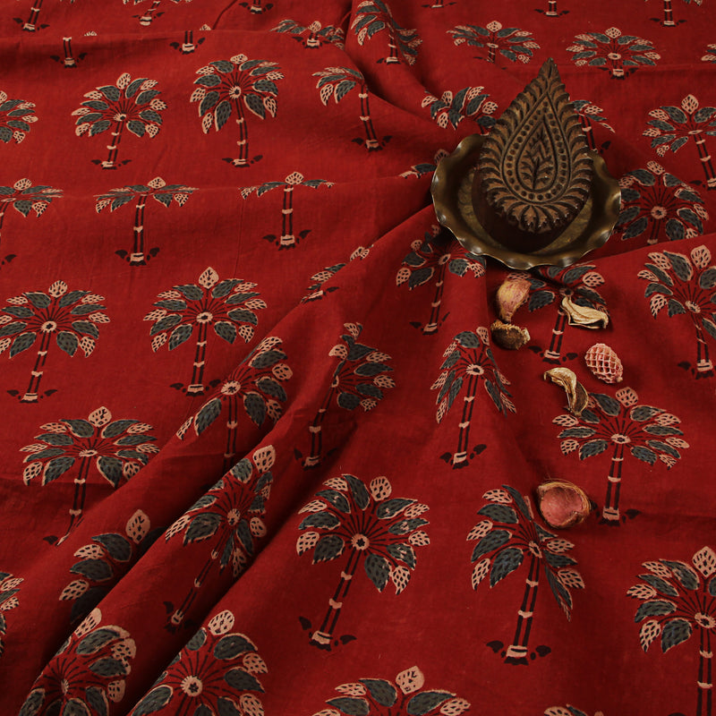 Madder & Indigo Palm Tree Ajrakh Hand Block Printed Cotton Fabric