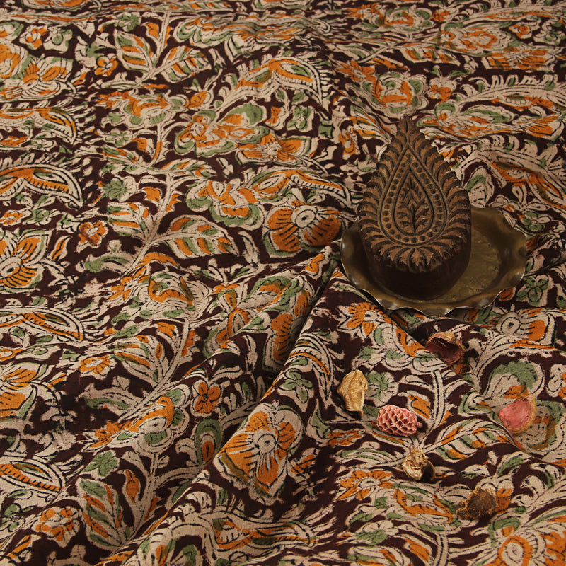 Brown Periwinkle Kalamkari Hand Block Printed Cotton Fabric