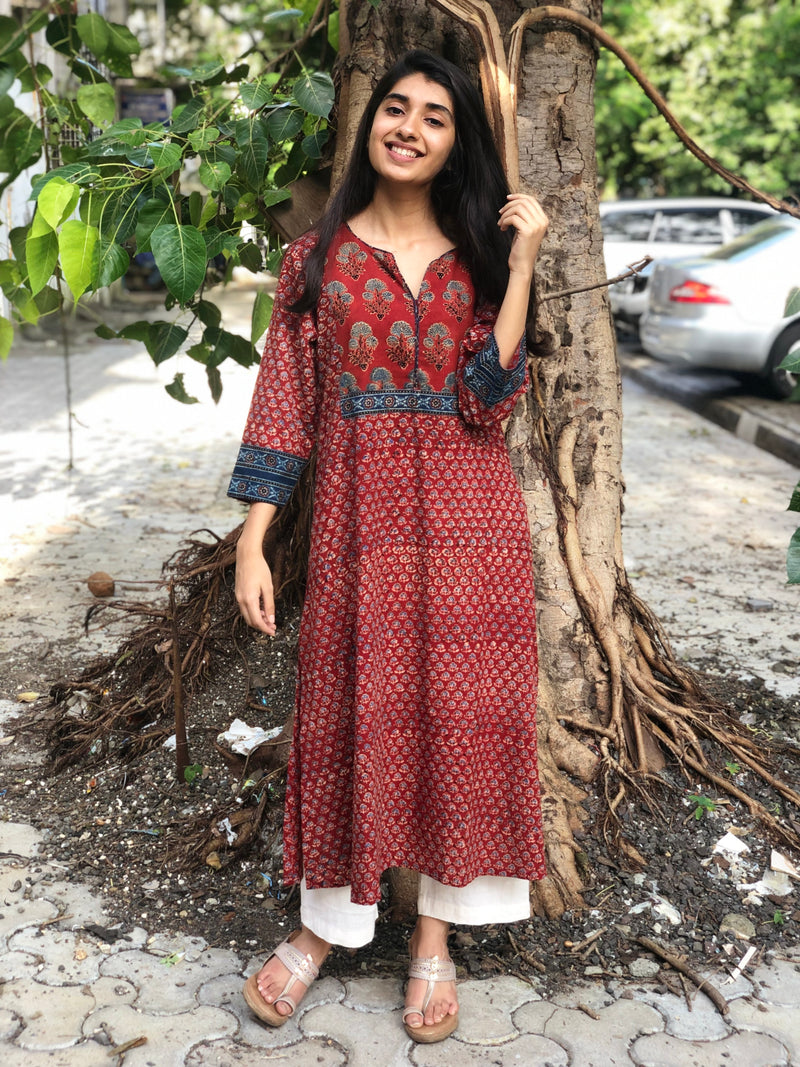 Maroon Butti Patch Work Kurta | Relove